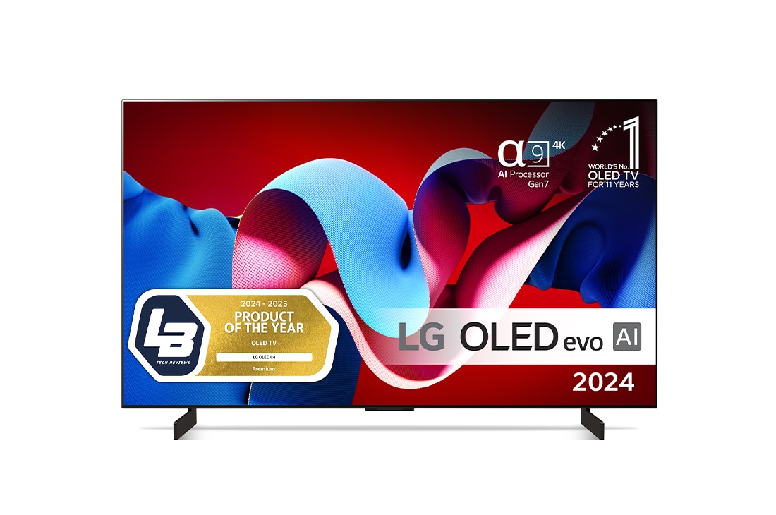 LG 42'' OLED evo AI C4 - 4K TV (2024), Sett forfra med LG OLED evo TV, OLED C4, 11 Years of world number 1 OLED-emblem og alpha 9 4K AI-prosessor Gen7-logo., OLED42C44LA